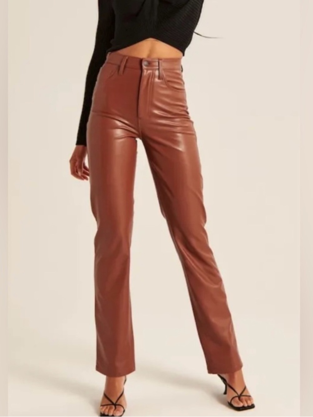 Abercrombie & Fitch Faux Leather Straight Leg Pants in Cognac Brown